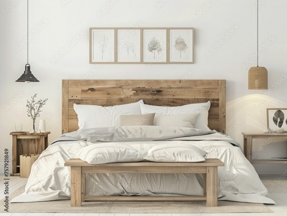 Wooden bed with pillows and bedside coffee table against white wall with poster frame nature view them. 