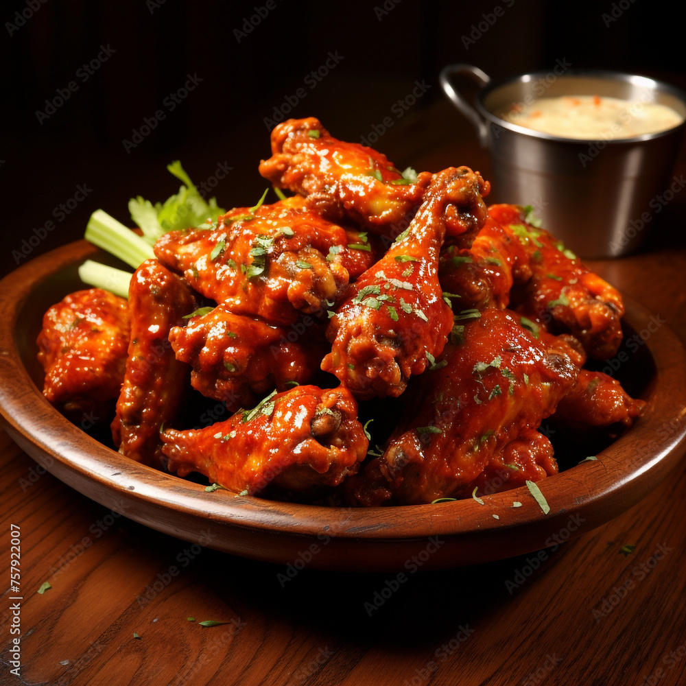 a plate of cooked hot wings with sauce created with Generative Ai a plate of cooked hot wings with sauce created with Generative Ai