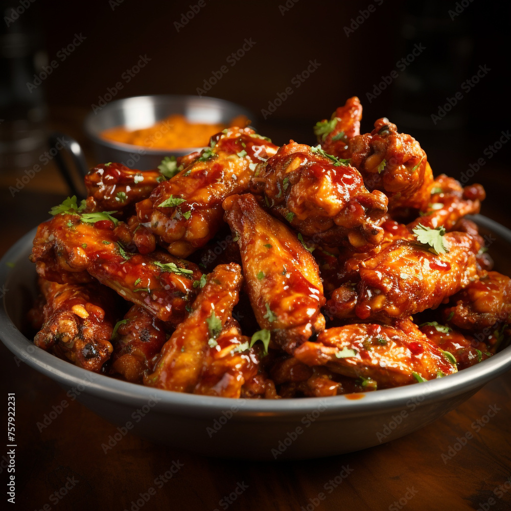 a plate of cooked hot wings with sauce created with Generative Ai