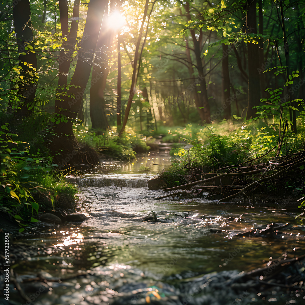 Fototapeta premium Serene Forest Clearing with a Gentle Stream Flowing generative ai