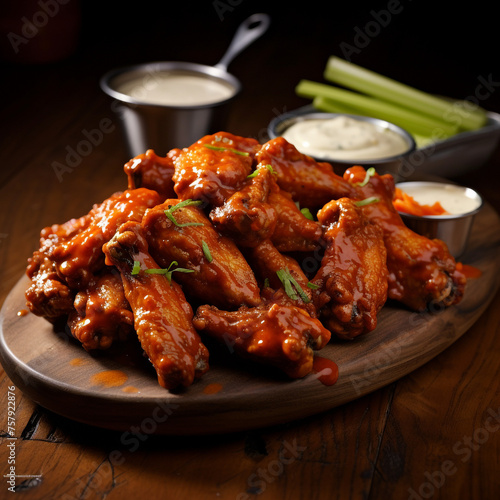 a plate of cooked hot wings with sauce created with Generative Ai