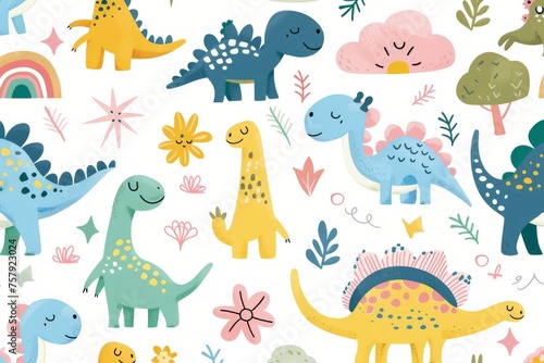 Colorful cartoon dinosaurs in a whimsical landscape. This vibrant image showcases playful cartoon dinosaurs in a variety of colors  surrounded by whimsical flora and other cute elements