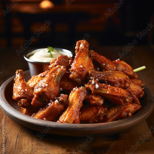 a plate of cooked hot wings with sauce created with Generative Ai