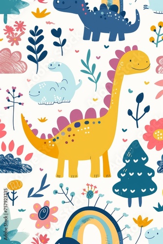 Colorful cartoon dinosaurs in a whimsical landscape. This vibrant image showcases playful cartoon dinosaurs in a variety of colors, surrounded by whimsical flora and other cute elements