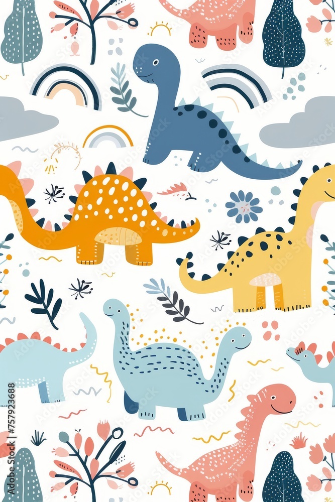 Obraz premium Colorful cartoon dinosaurs in a whimsical landscape. This vibrant image showcases playful cartoon dinosaurs in a variety of colors, surrounded by whimsical flora and other cute elements