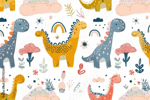 Colorful cartoon dinosaurs in a whimsical landscape. This vibrant image showcases playful cartoon dinosaurs in a variety of colors  surrounded by whimsical flora and other cute elements