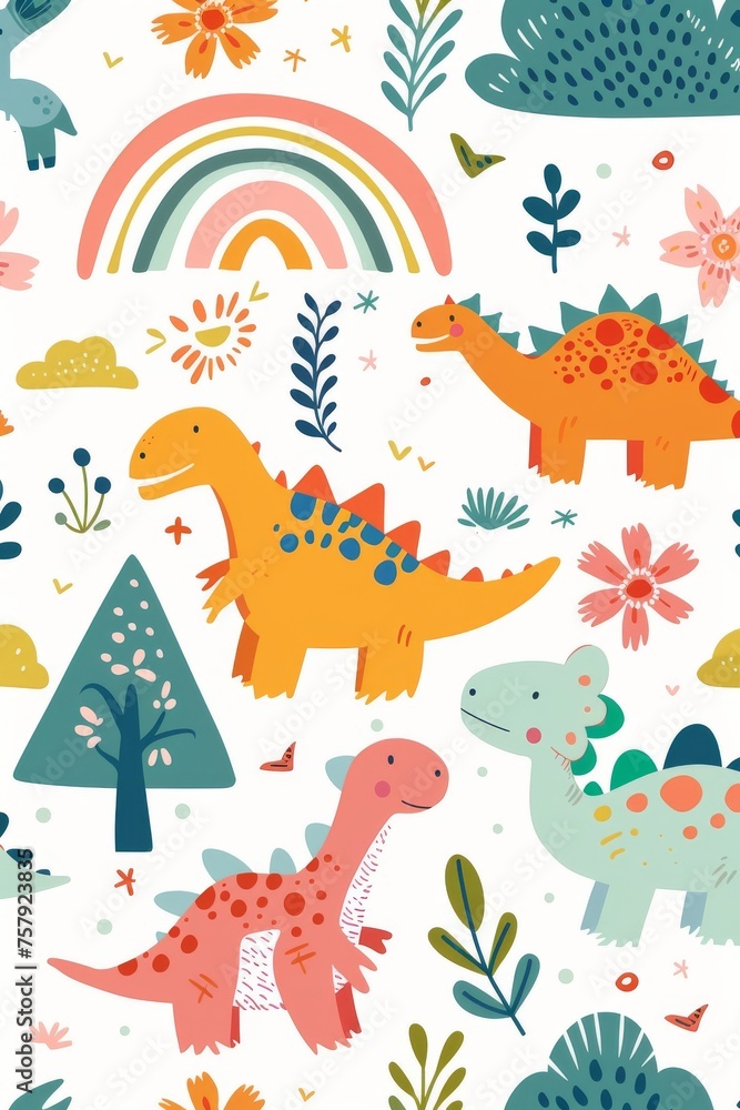 Obraz premium Colorful cartoon dinosaurs in a whimsical landscape. This vibrant image showcases playful cartoon dinosaurs in a variety of colors, surrounded by whimsical flora and other cute elements