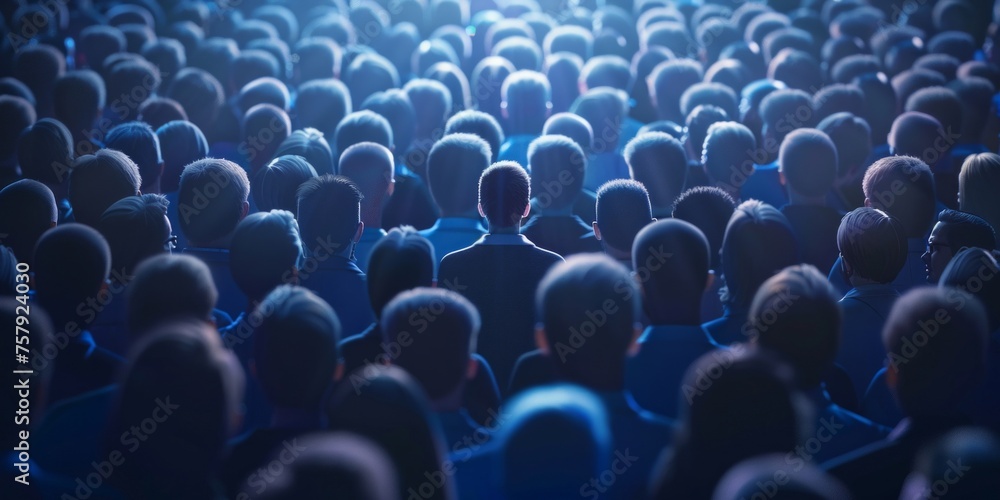 Obraz premium One person standing opposite a large uniform group, concept of individuality and leadership.