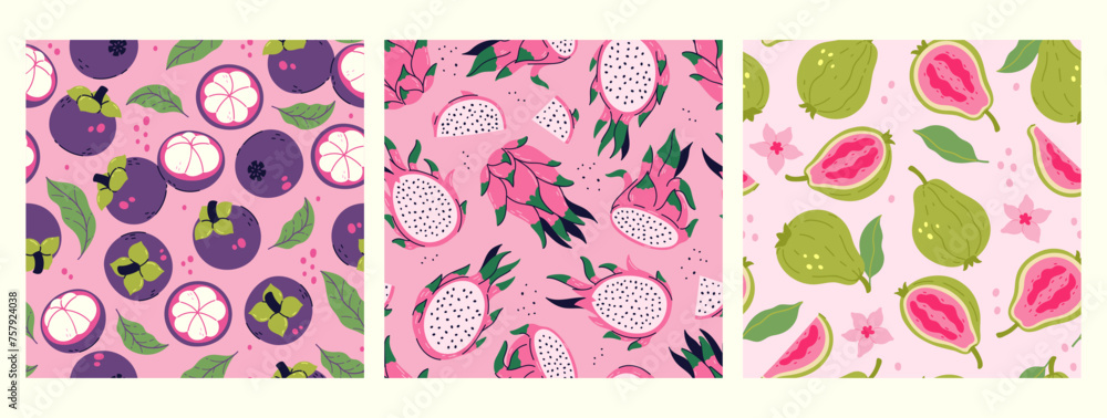 Set of seamless patterns with exotic fruits. Vector graphics.