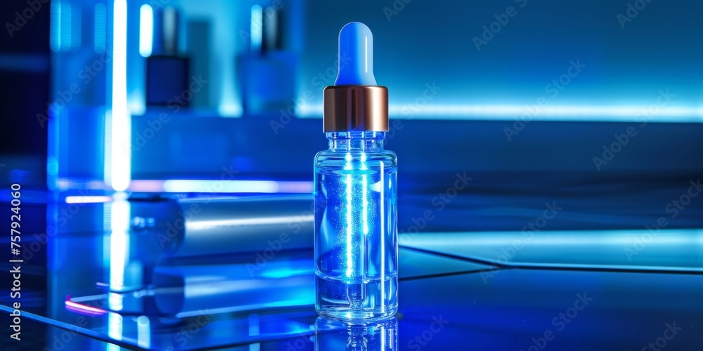 Elegant dropper bottle of cosmetic serum placed under a futuristic blue neon light. Elegant dropper bottle of cosmetic serum placed under a futuristic blue neon light.