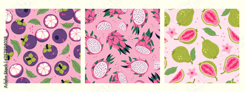 Set of seamless patterns with exotic fruits. Vector graphics.