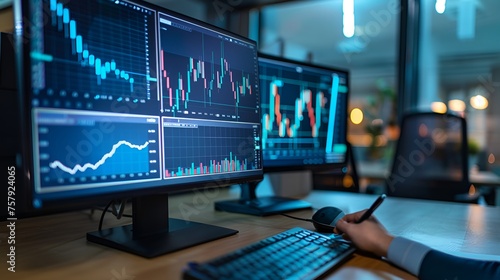 Business Person Analyzing Data on Computer Screen, Business person, analyzing data, computer screen