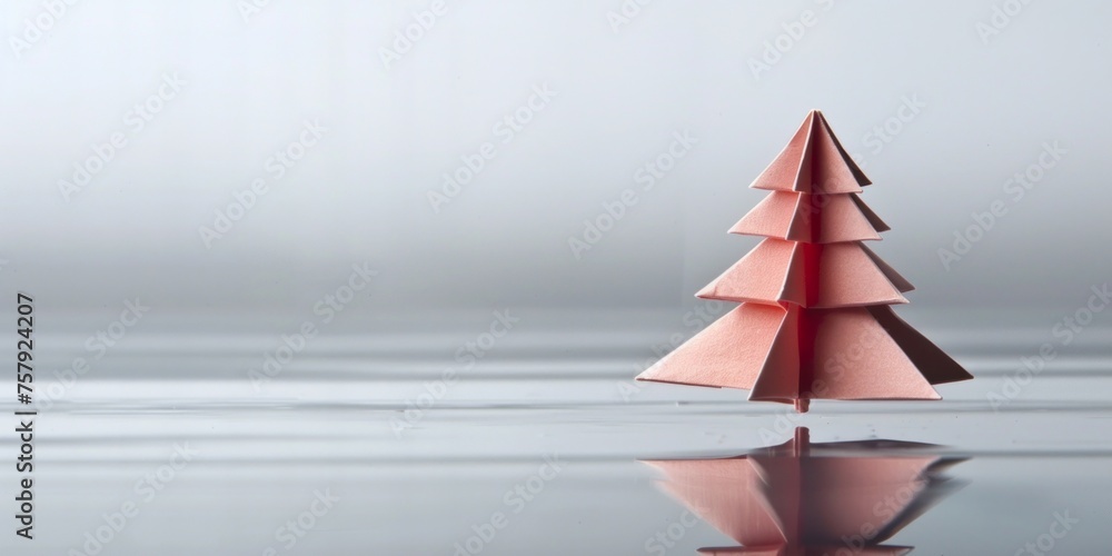 A simple pink origami Christmas tree standing alone, reflected on a glossy surface, embodying minimalism and festive decor.