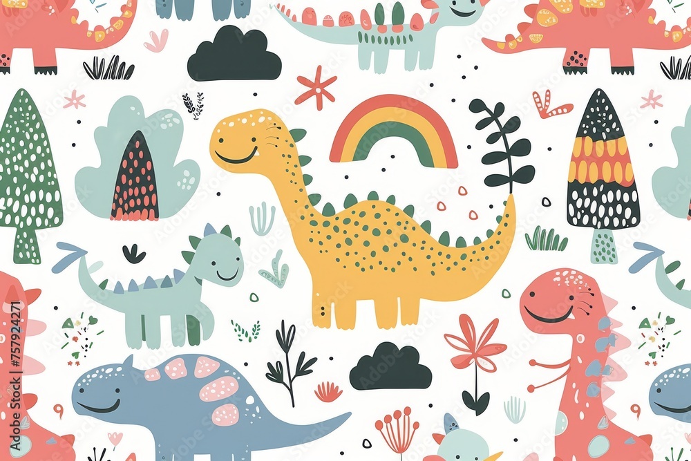 Obraz premium Colorful cartoon dinosaurs in a whimsical landscape. This vibrant image showcases playful cartoon dinosaurs in a variety of colors, surrounded by whimsical flora and other cute elements