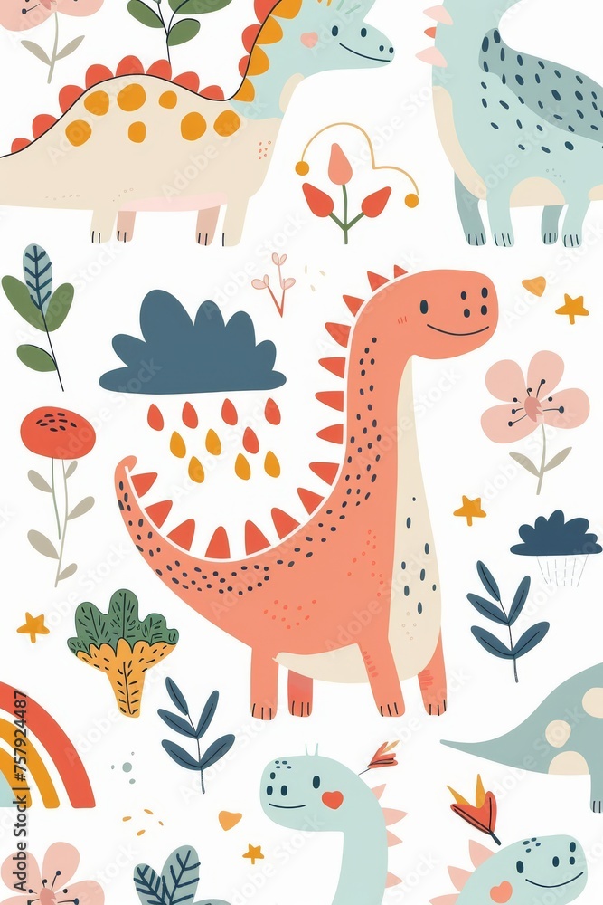 Naklejka premium Colorful cartoon dinosaurs in a whimsical landscape. This vibrant image showcases playful cartoon dinosaurs in a variety of colors, surrounded by whimsical flora and other cute elements