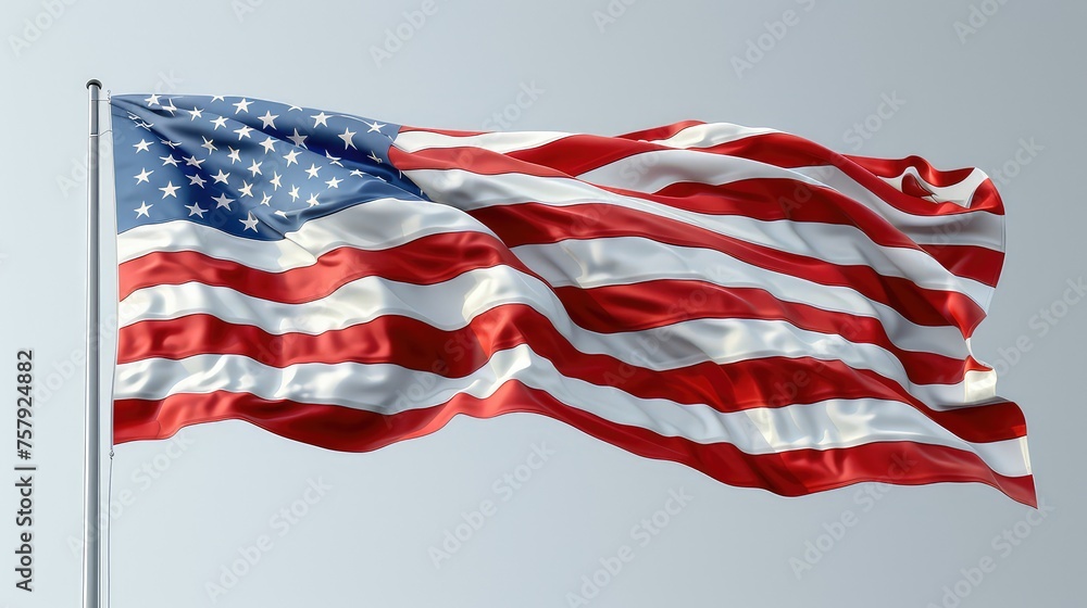 Fototapeta premium 14 June Flag Day, American Flag waving in the wind isolated on gray background.
