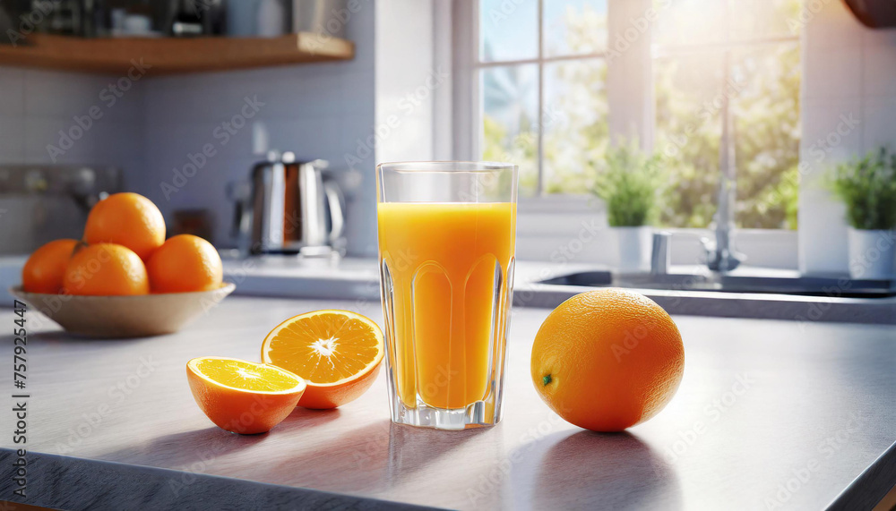Vitamin C healthy morning orange juice glassware on kitchen counter. AI generated.