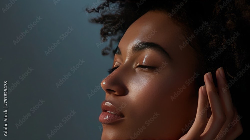 A side profile shot of a model gently massaging a facial oil into their skin, highlighting the product's luxurious feel,  - obrazy, fototapety, plakaty 