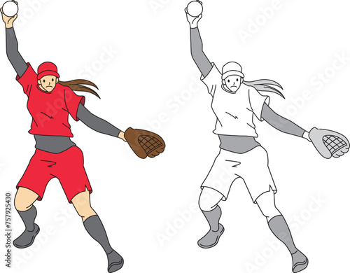 投球しているソフトボール選手のイラストセット／Illustration set of softball players pitching

