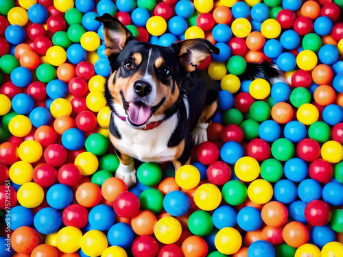 Colorful ball pool hosts a playful, comically entertaining dog. photo