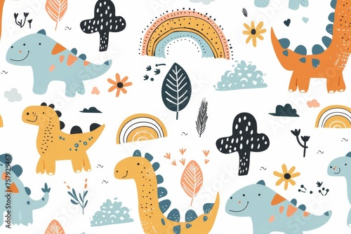 Colorful cartoon dinosaurs in a whimsical landscape. This vibrant image showcases playful cartoon dinosaurs in a variety of colors, surrounded by whimsical flora and other cute elements © Merilno