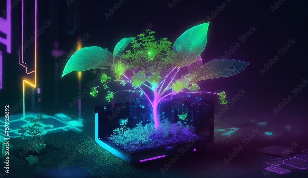 Generative AI illustration of glowing plant growing on computer chip ...