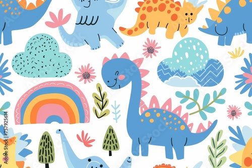 Colorful cartoon dinosaurs in a whimsical landscape. This vibrant image showcases playful cartoon dinosaurs in a variety of colors  surrounded by whimsical flora and other cute elements