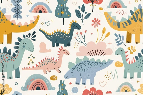 Colorful cartoon dinosaurs in a whimsical landscape. This vibrant image showcases playful cartoon dinosaurs in a variety of colors  surrounded by whimsical flora and other cute elements