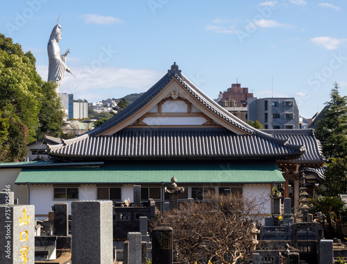 Rooftop of Shorinzan Honrenji and Kannon statue of Fukusaiji temple seen from Nishizaka hill - Nagasaki, Japan