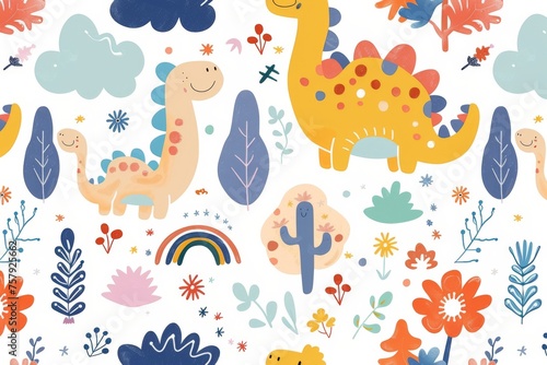 Colorful cartoon dinosaurs in a whimsical landscape. This vibrant image showcases playful cartoon dinosaurs in a variety of colors  surrounded by whimsical flora and other cute elements