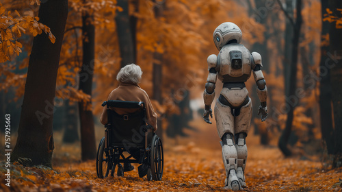 Modern park outing: senior lady and robot helper share moments of joy amidst nature's beauty