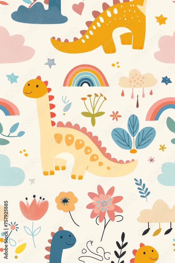 Obraz premium Colorful cartoon dinosaurs in a whimsical landscape. This vibrant image showcases playful cartoon dinosaurs in a variety of colors, surrounded by whimsical flora and other cute elements