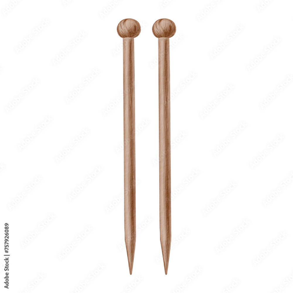 Set of wooden knitting needles in large size.Watercolor illustration of wooden texture.For product packaging knitter blog,needlework store,websites,knitting school,posters,stickers. Set of wooden knitting needles in large size.Watercolor illustration of wooden texture.For product packaging knitter blog,needlework store,websites,knitting school,posters,stickers.