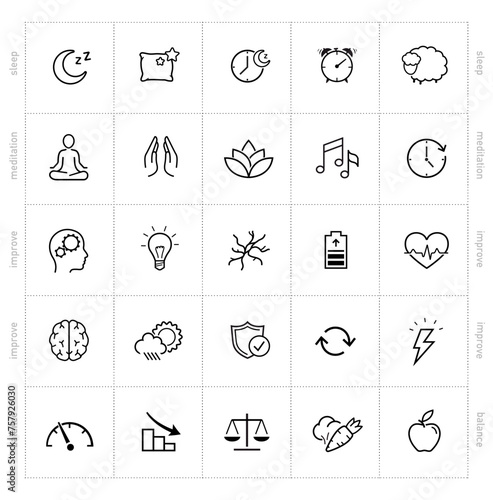 Vitality icon set for human-improving products, sleep, rest. The outline icons are well scalable and editable. Contrasting elements are good for different backgrounds. EPS10.