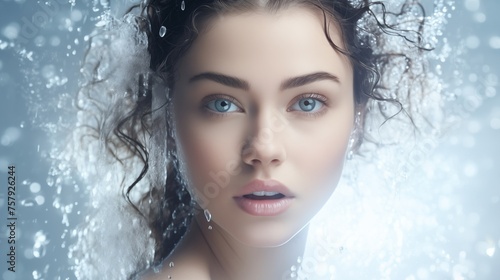 Portrait of beautiful young woman with water splash on her beauty face on blue background.