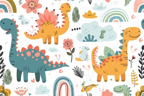 Colorful cartoon dinosaurs in a whimsical landscape. This vibrant image showcases playful cartoon dinosaurs in a variety of colors  surrounded by whimsical flora and other cute elements