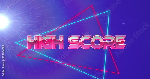 Image of pink metallic text high score over neon challenge game game and get ready text