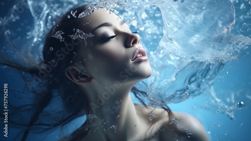 Portrait of beautiful young woman with water splash on her beauty face on blue background.