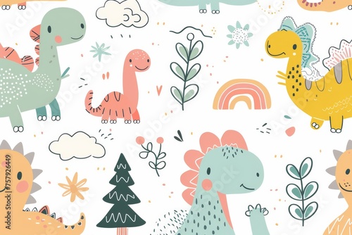 Colorful cartoon dinosaurs in a whimsical landscape. This vibrant image showcases playful cartoon dinosaurs in a variety of colors  surrounded by whimsical flora and other cute elements