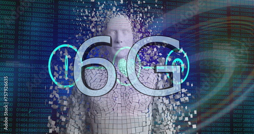Image of 6g text over human body model against biometric fingerprint scanner and data processing