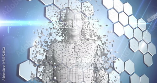 Image of changing numbers over human body model and hexagonal shapes on blue background