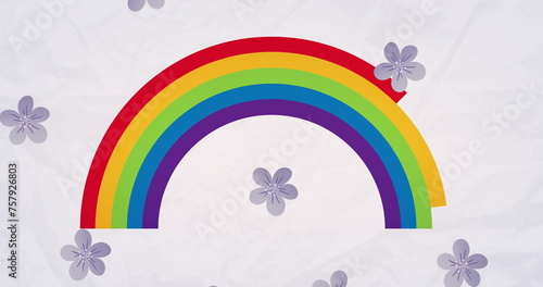 Image of flowers over rainbow on white background