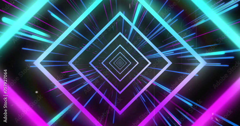 Image of blue neon light trails and squares over black background Image of blue neon light trails and squares over black background