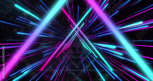 Image of blue neon light trails and triangles over black background