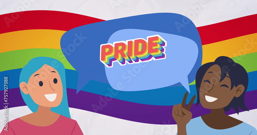 Image of rainbow pride text and two women over rainbow background