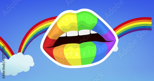 Image of rainbow lips over rainbow on blue background