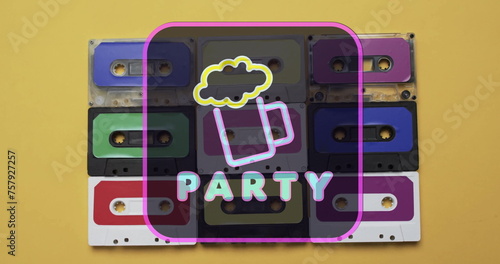 Image of party text and beer over tape on green background