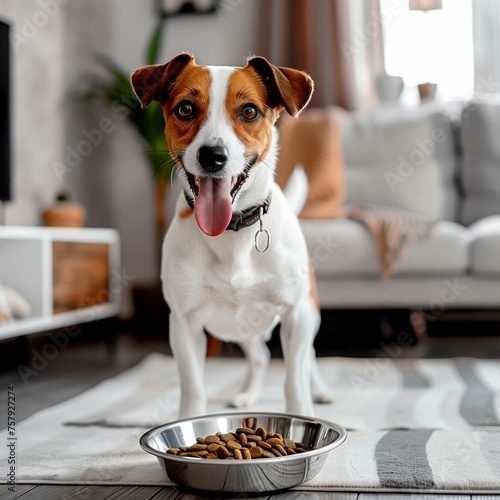 Jack Russell Terrier dog standing by his bowl in the background of the room
