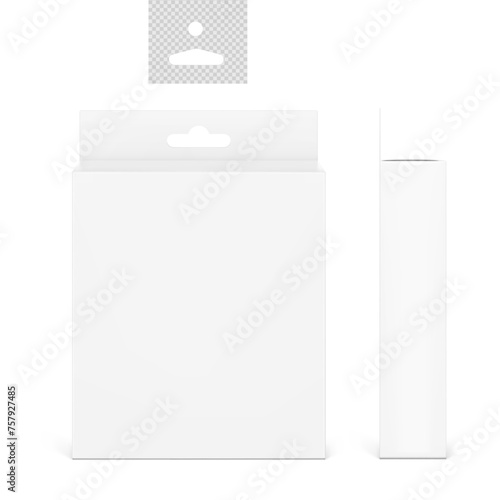Hanging packaging box mockup for electronic and mobile accessories. Front and side views. Vector illustration isolated on white background. Ready and simple to use for your design. EPS10.