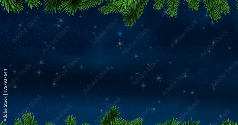Fototapeta premium Image of snow falling with fir tree branches and copy space over stars and night sky